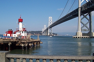 Oakland Bay Bridge and fireboat (A. Kotok)