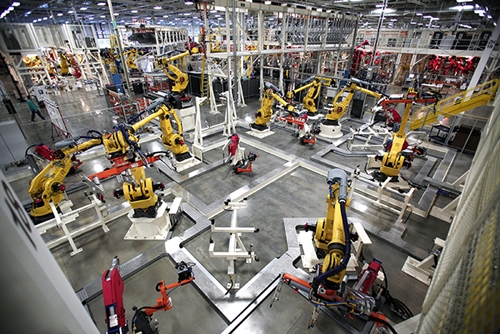 Industrial robots on factory floor
