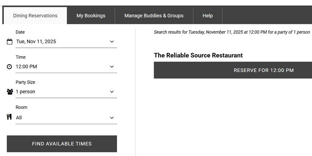 Screen shot of National Press Club reservation page