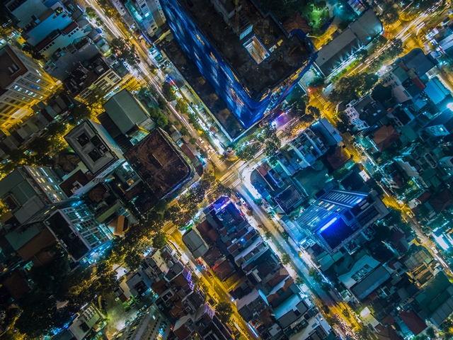 City at night, aerial view
