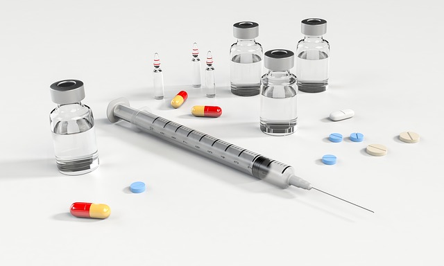 Syringe, pills, capsules